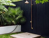 Unlacquered Brass and Copper Outdoor Shower System with Round Rain