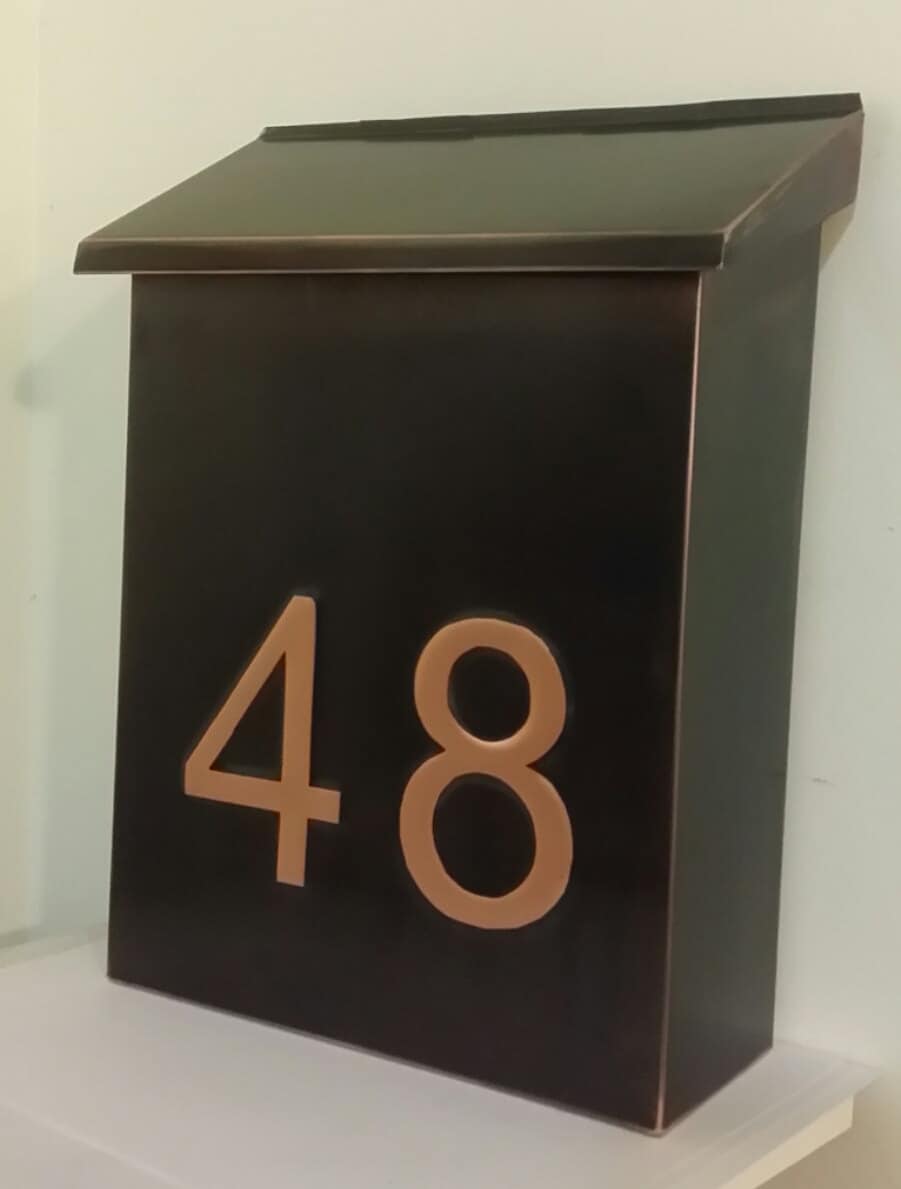 Large vertical Flush Mount Patina Copper Mailbox with embossed house numbers