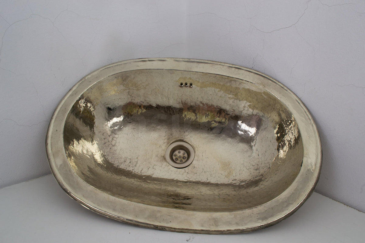 Handcrafted Smooth Oval Solid German Silver Sink, Drop-In Customizable Bathroom German Silver Sink (17,125”x11”)