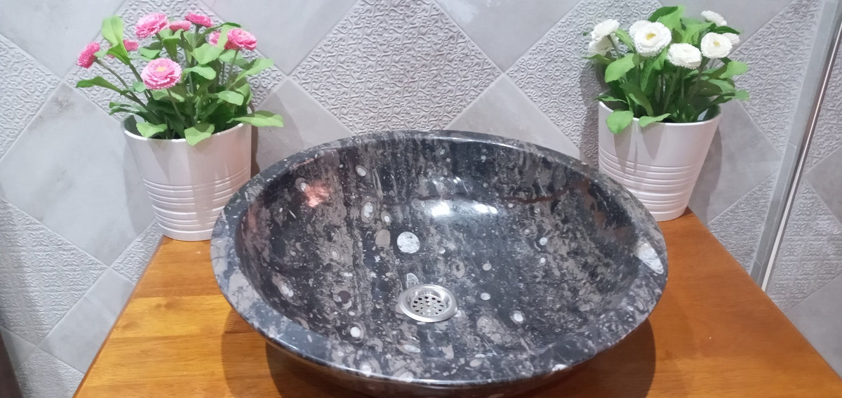 FOSSIL Marble Round Shaped Countertop Sink Circular Bathroom Vessel Washbasin Sink MS1700