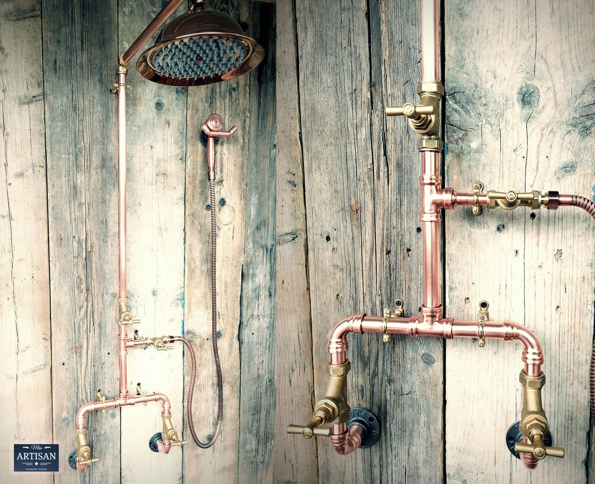 Copper Pipe Rainfall Shower With Hand Sprayer - Rustic / Vintage / Industrial - Exposed Copper Pipe Rain Shower - Indoor