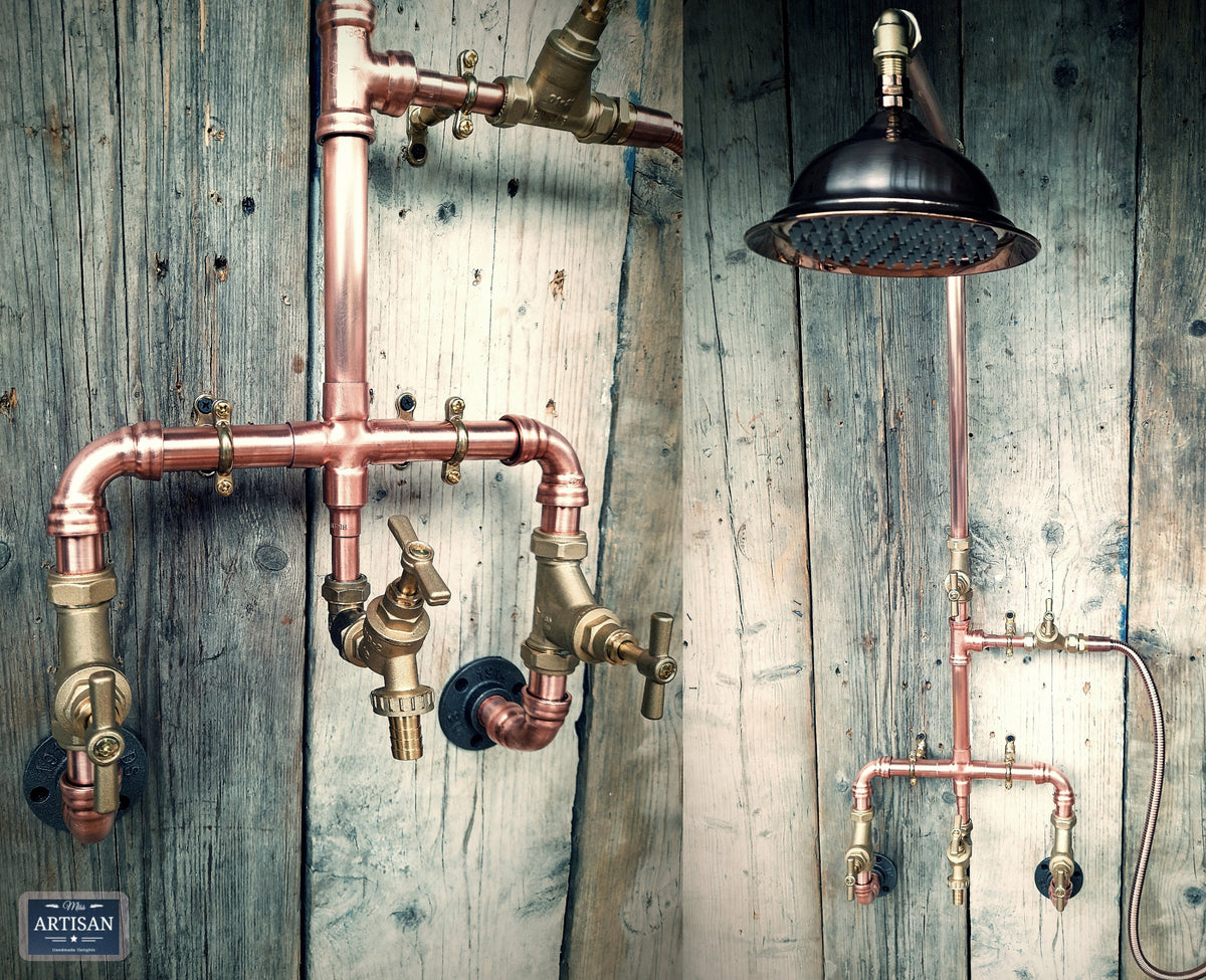 Copper Rainfall Shower With Hand Sprayer And Lower Tap - Exposed Copper Pipe Rainfall Showers - Any Size Made - Outdoor 