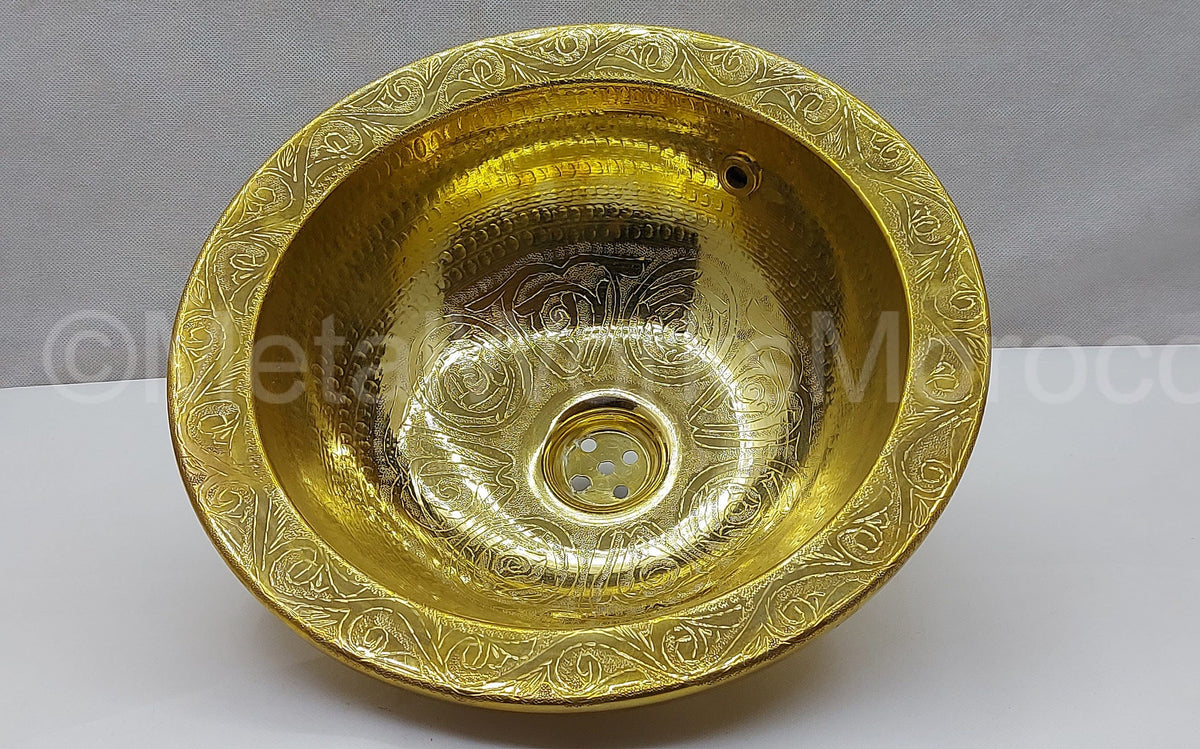 Engraved Brass Bathroom Sink with Overflow Hole - Moroccan Sink Vanity