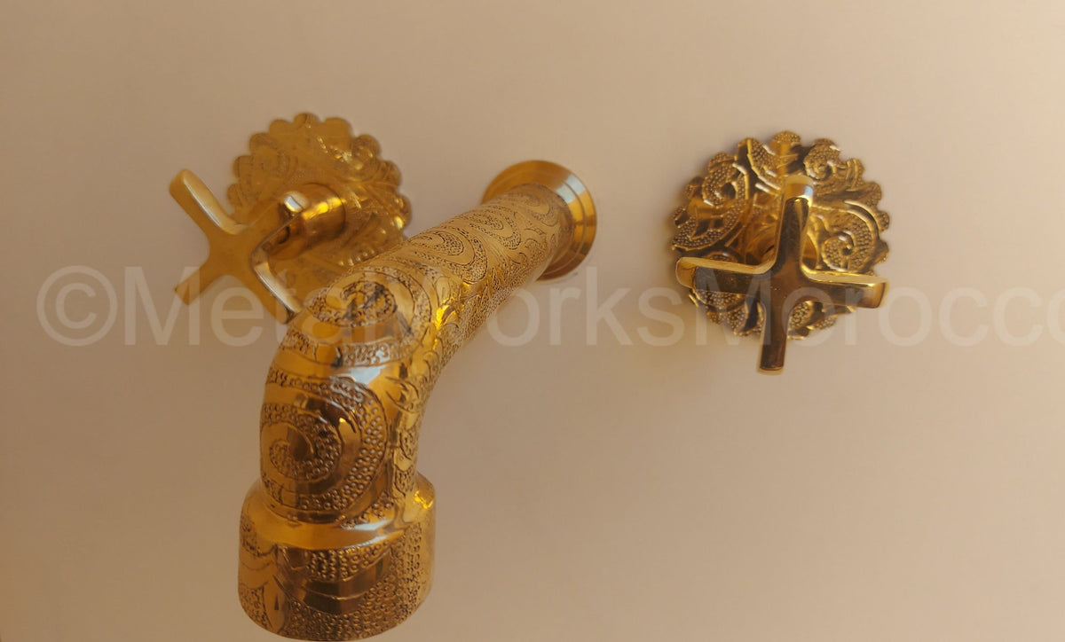 Unlacquered Brass Wall Mount Tub Filler With 8’’ Etched Thick Spout - Wall Mount Bathtub Faucet