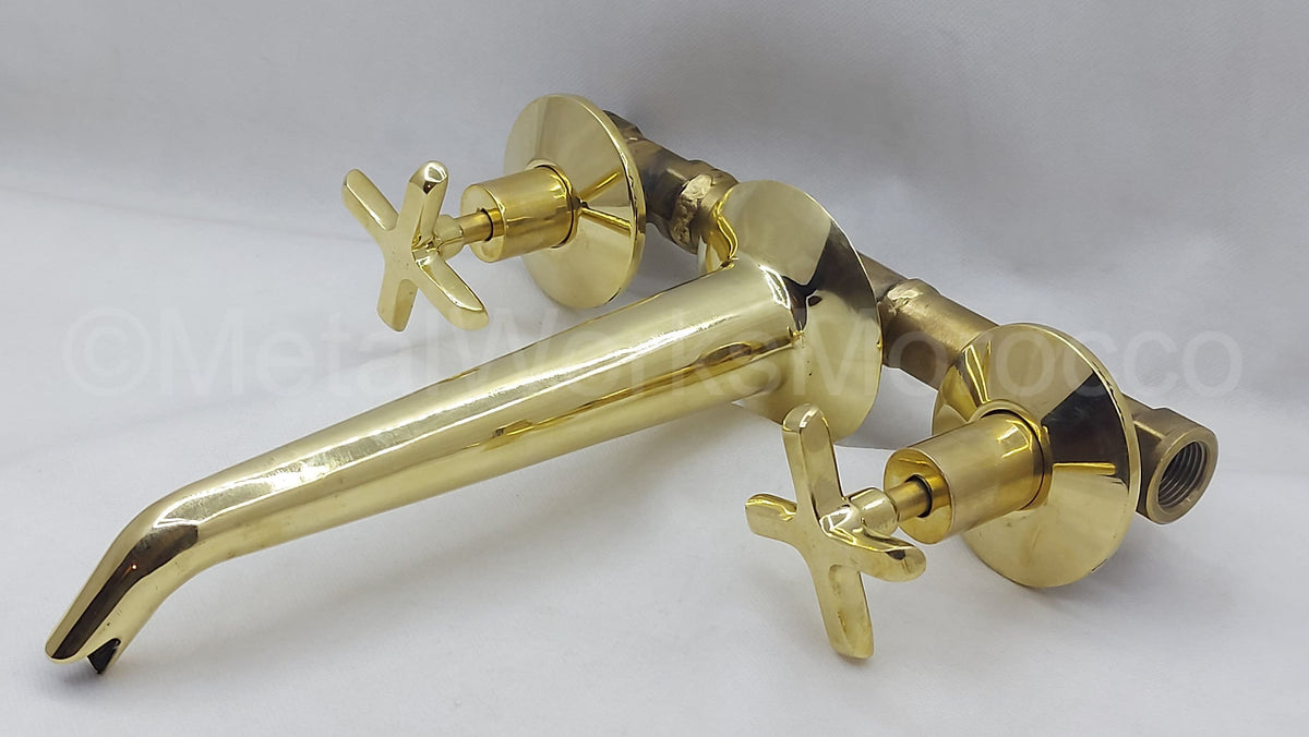 Handmade Brass Wall Mounted Tub Filler With Conical Spout And Cross Handles - Wall Mounted Bathroom Faucet
