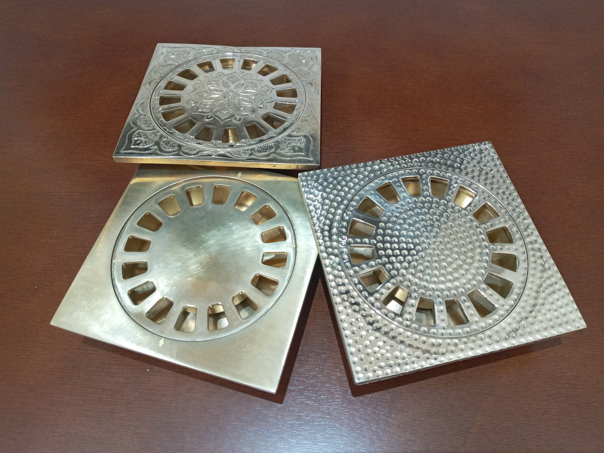 4 X4 Inch Engraved Moroccan Hand Crafted Solid Brass Floor Drain, Square Shower Drain cover for Bathroom Washroom