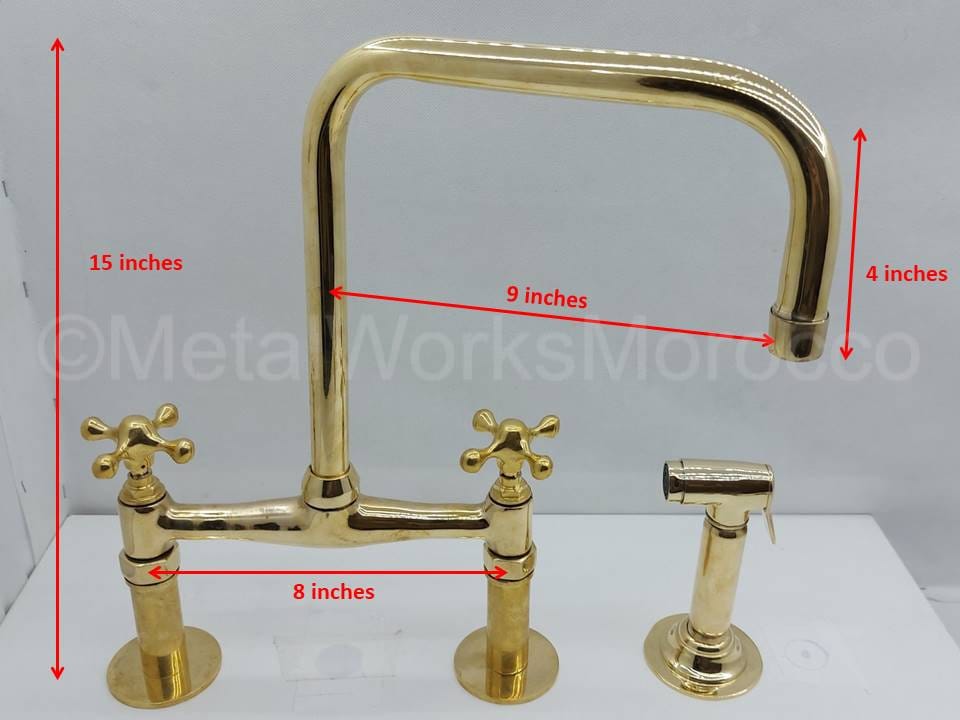 8-inch Unlacquered Brass Bridge Faucet With Side Sprayer And Square Spout