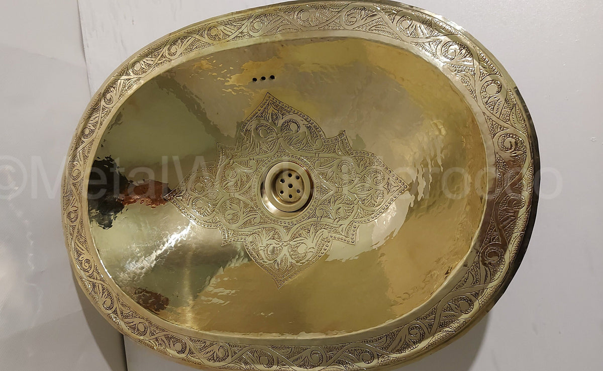 Etched Oval Solid Brass Sink For Bathroom - 19X14 inch Moroccan Sink Vanity