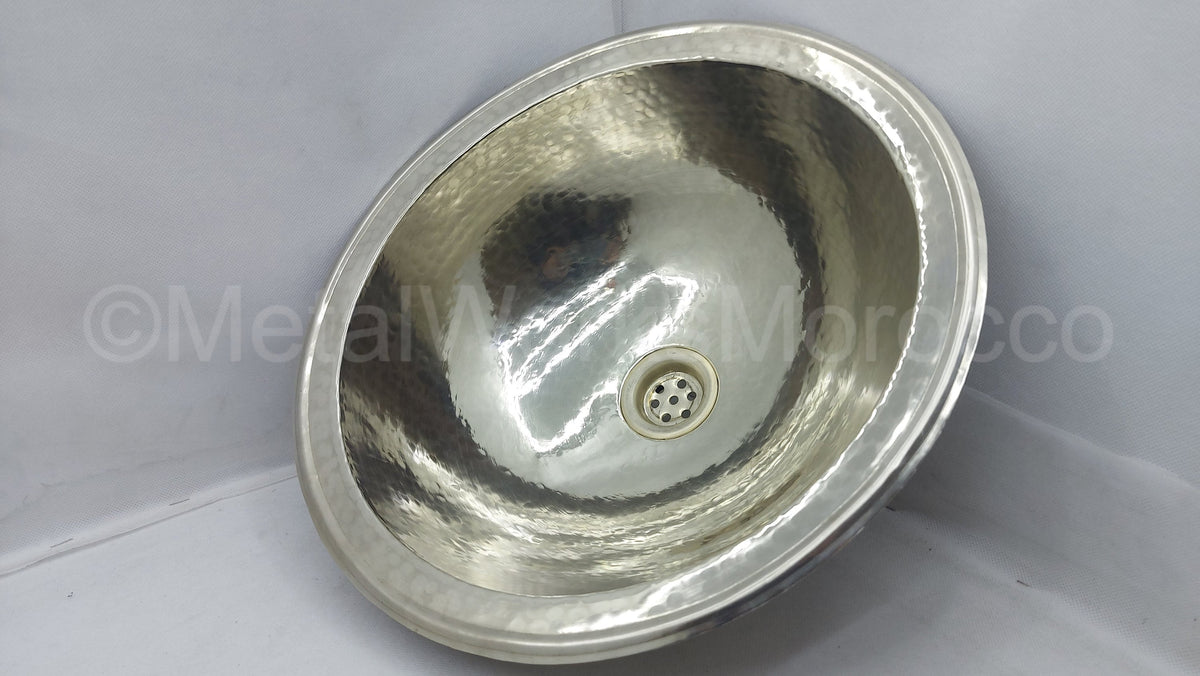 Hammered Round Silver Sink - Drop-in Handmade Brass Sink Vanity