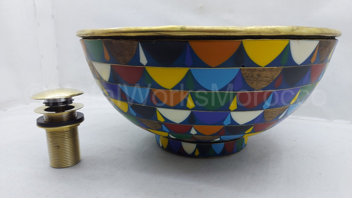 Handmade Brass Vessel Sink - Basin Studded With Wood and Colored Resin