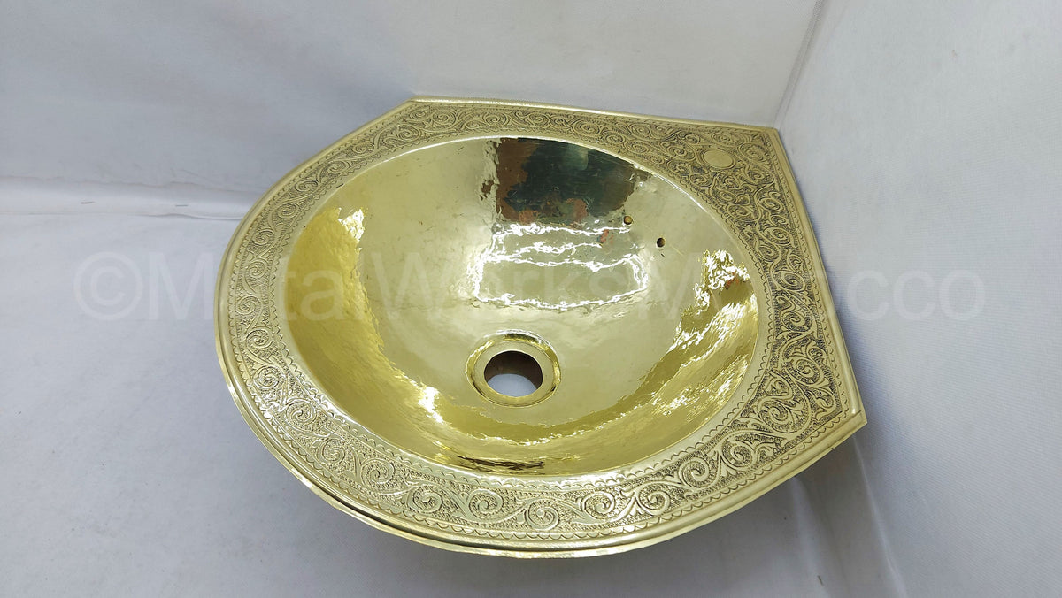 Etched Unlacquered Brass Corner Sink - Handmade Vanity Sink