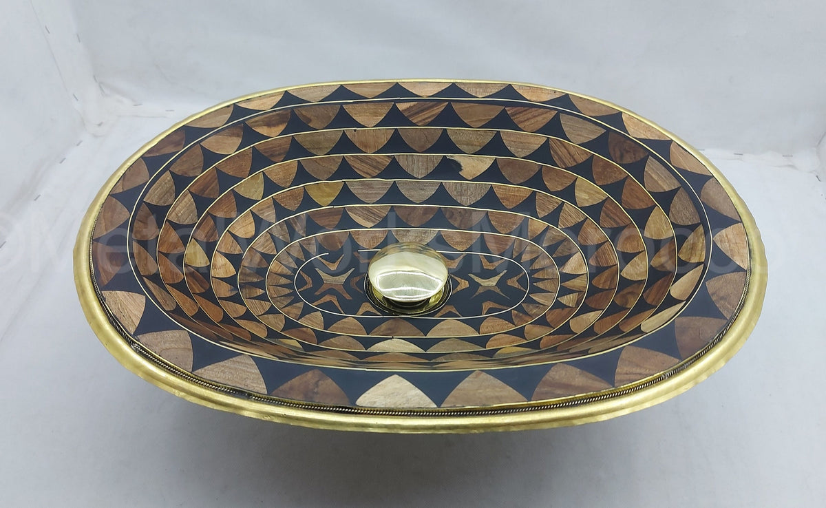 Brass Handmade Oval Bathroom Sink Studded With Wood And Black Resin