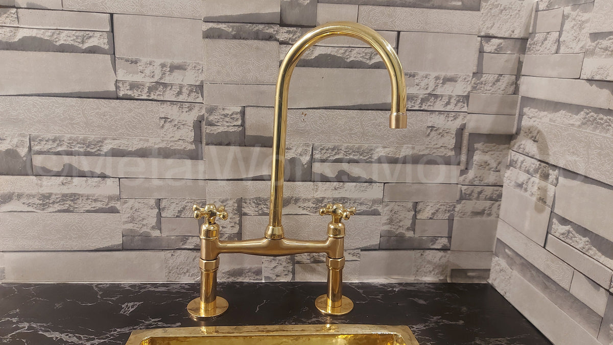 8-inch Solid Brass Bridge Faucet With Gooseneck Spout - Sink Faucet