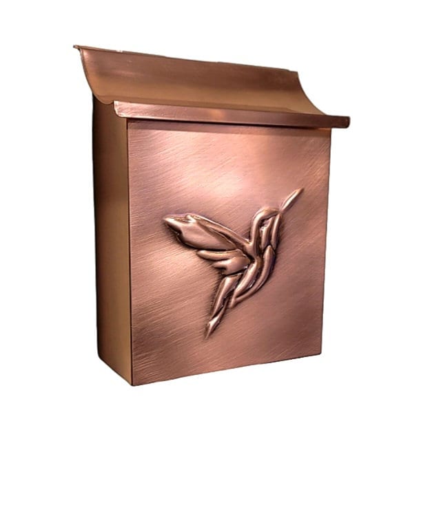 Handcrafted Copper Mailbox with Embossed Hummingbird Design, Wall-Mounted Vertical Mailbox, Unique Outdoor Décor