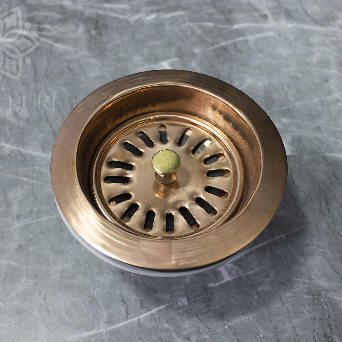 Copper kitchen sink drainer, removable drain basket and sealed lid