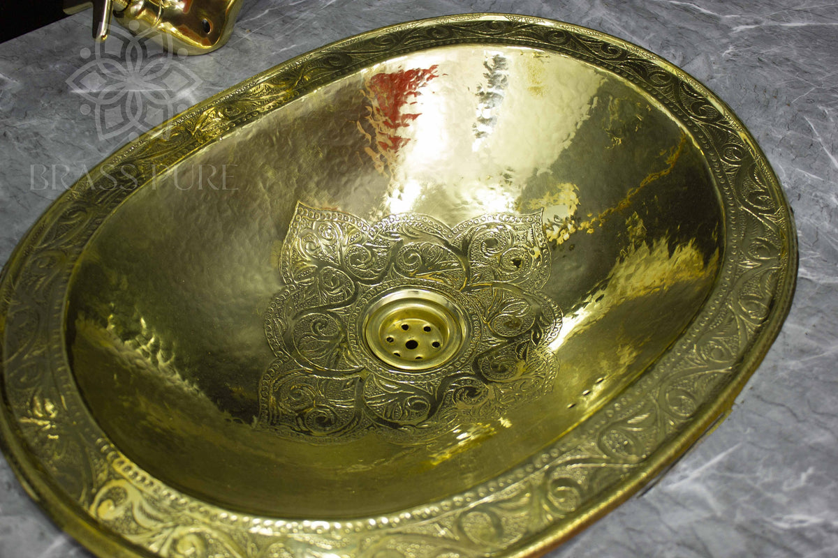Antique Pure Brass Sink, Moroccan Handcrafted Oval Sink, Drop In Bathroom Sink