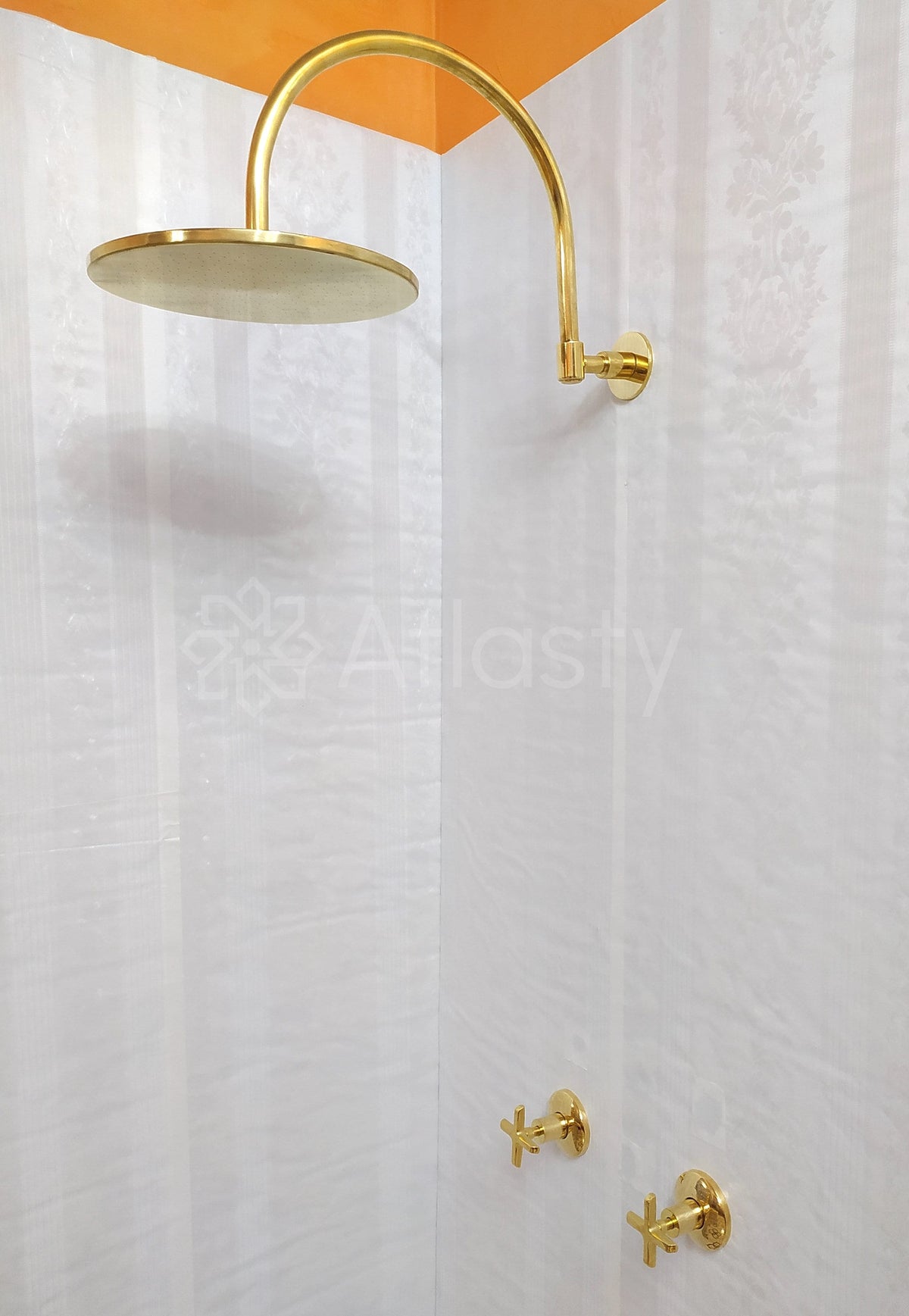 Unlacquered Brass Shower System with Flat Round Shower Head and