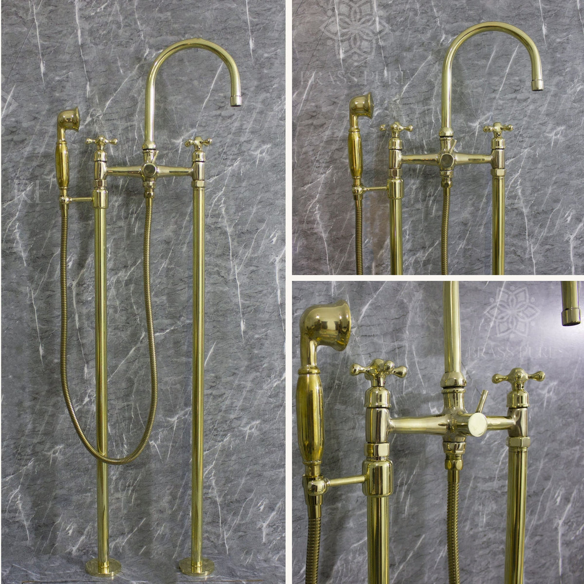 Solid Brass Floor Mount Tub Filler With Handshower, Unlacquered Brass Tub Filler Freestanding Moroccan Conception