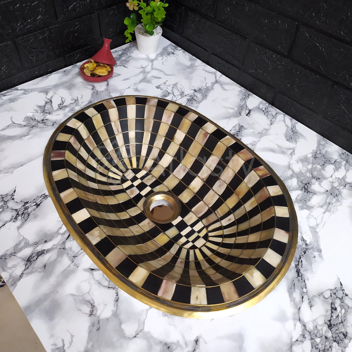 Brass Handmade Oval Bathroom Sink Studded With Wood And Resin