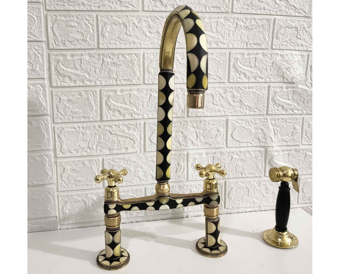 Moroccan Brass Bridge Faucet With Linear legs & Four Handle Styles - Bone and Black Resin Design - Kitchen Faucet