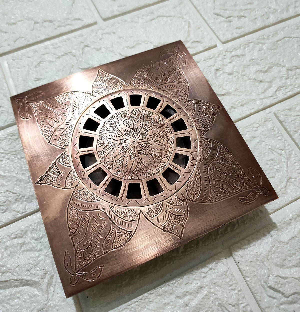 Engraved Antique Copper Square Floor Drain, Etched Shower Drain Handmade in Morocco