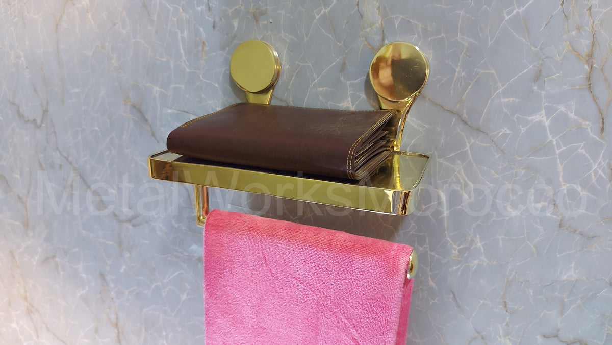 Handmade Brass Towel Holder With Shelf - Unlacquered Brass Towel Rack