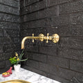 Unlacquered Brass Wall Mounted Bathroom Vessel Sink Faucet With Cross