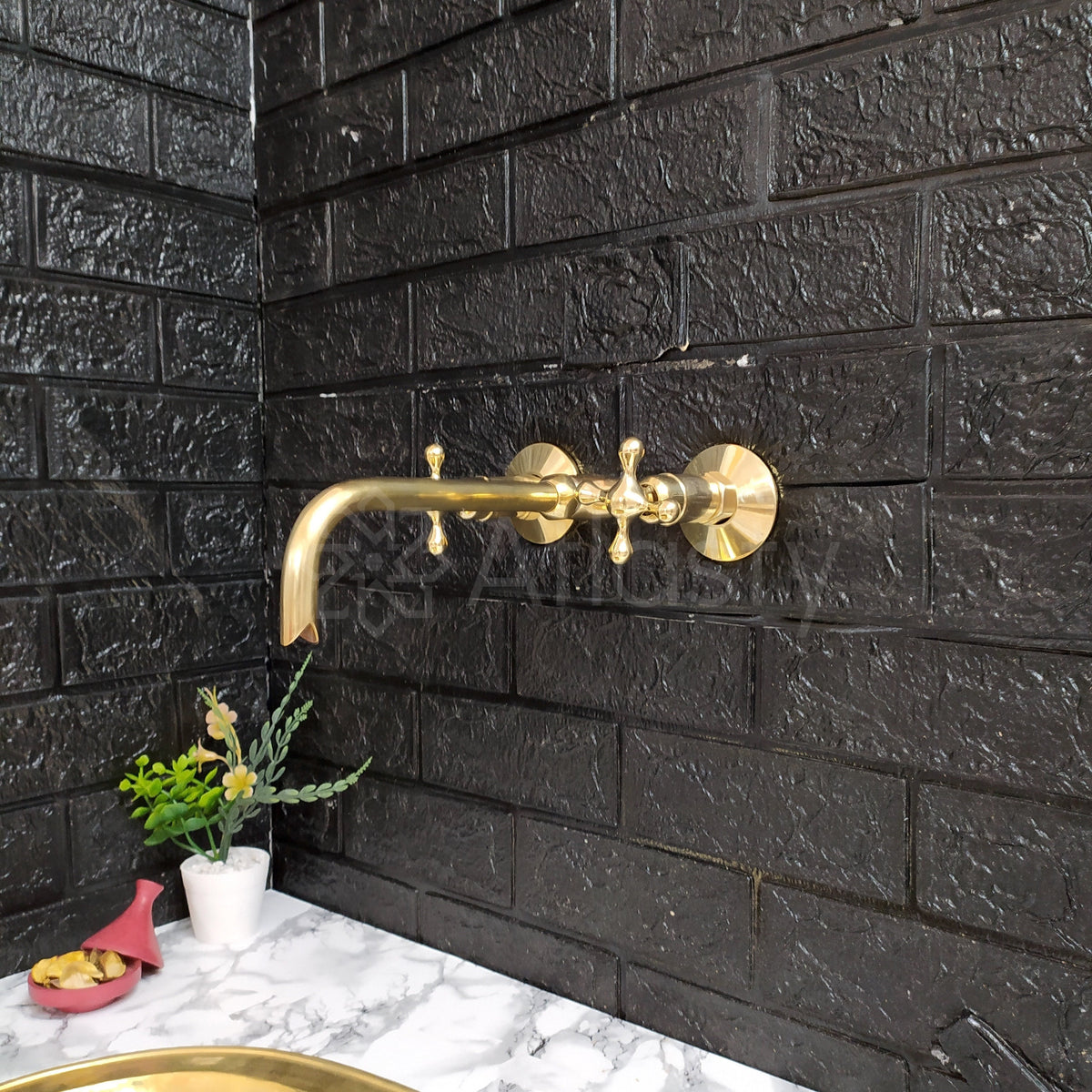 Unlacquered Brass Wall Mounted Bathroom Vessel Sink Faucet With Cross