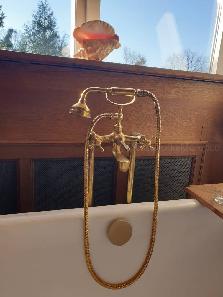 Handmade Brass Freestanding Bathtub Faucet On Poles - Tub Filler Mixer
