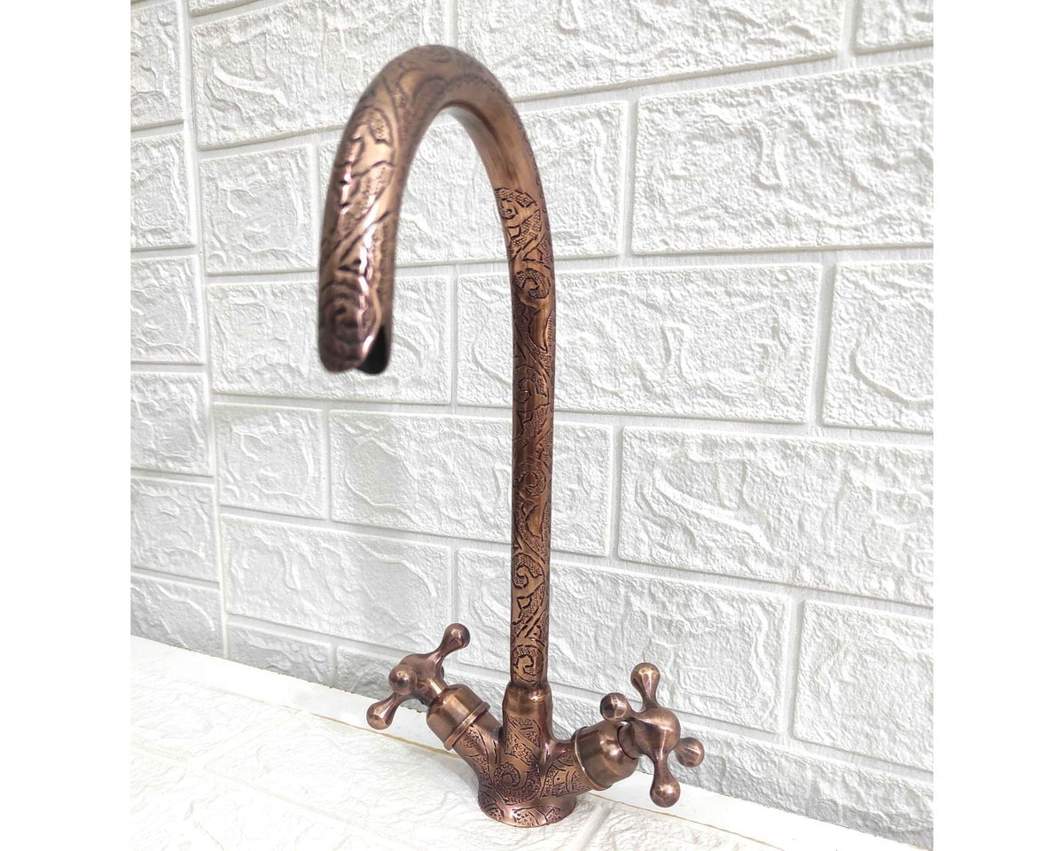 Copper Goosneck Faucet with Engraved Finish, Single hole Faucet, Kitchen Faucet Bathroom