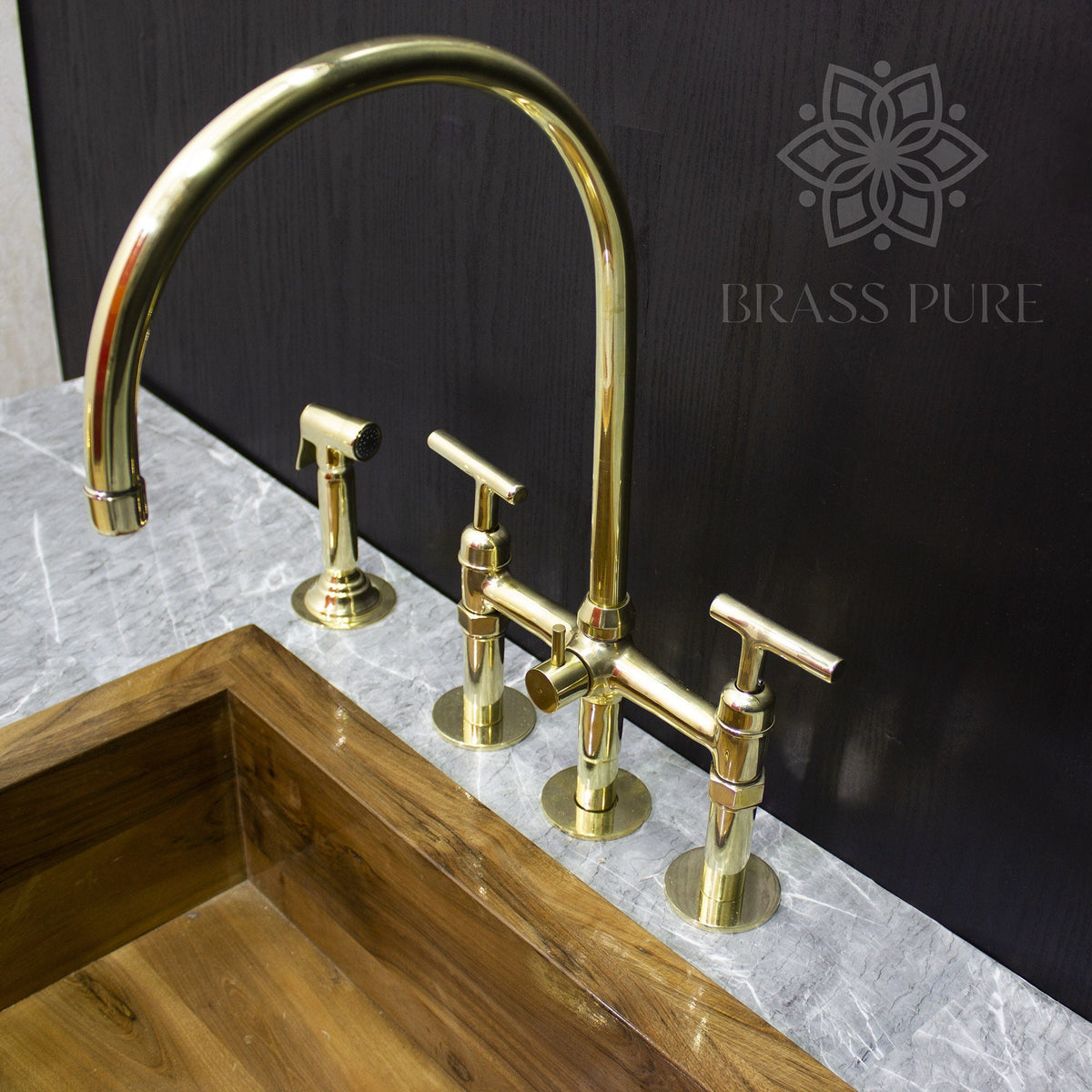 Unlacquered Brass Kitchen Faucet - Bridge Faucet with Sprayer Set - Kitchen Faucets