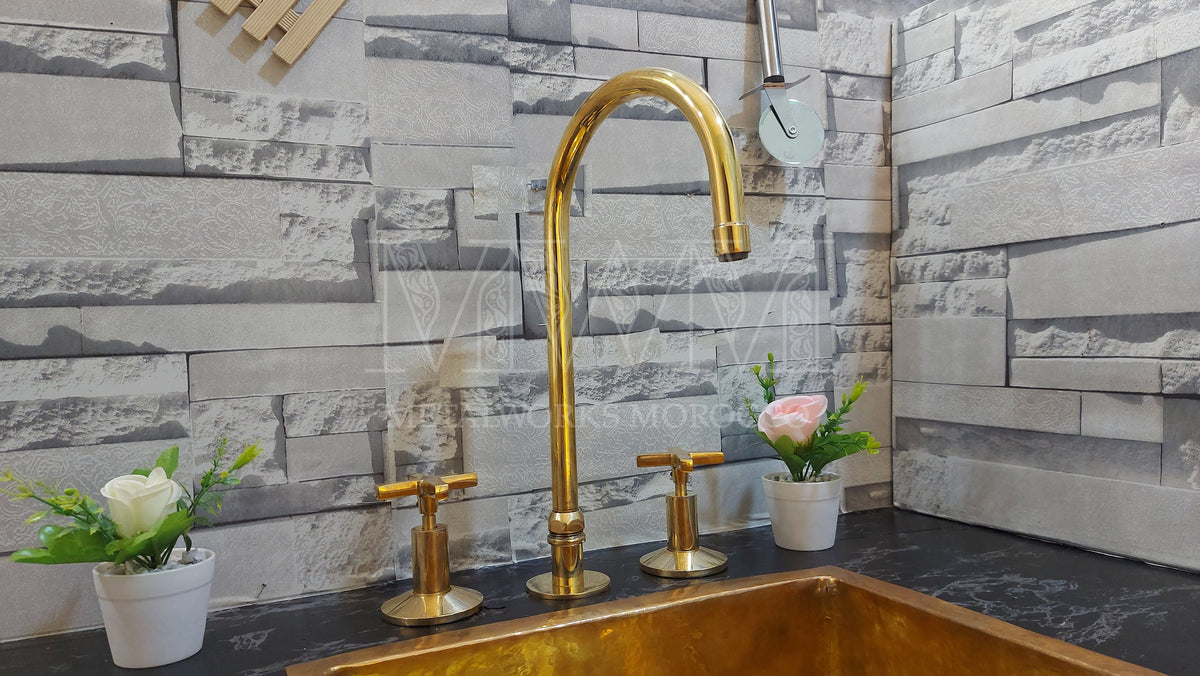 Raw Brass Widespread Kitchen Faucet - Handcrafted Gooseneck Faucet
