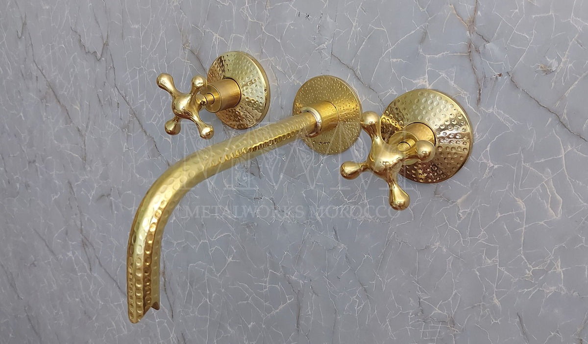 Brass Hammered Wall Mounted Bathroom Faucet With Curved Spout - Wall Mounted Bathtub Faucet
