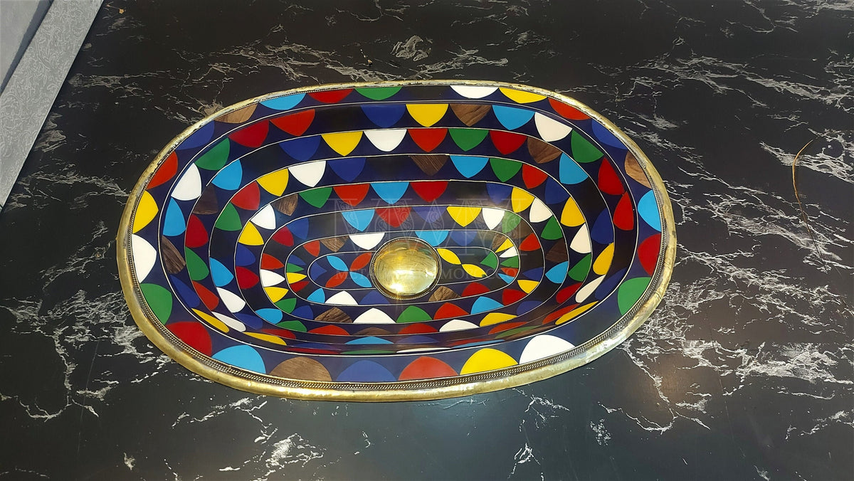 Solid Brass Drop-In Bathroom Sink Studded With Colored Resin