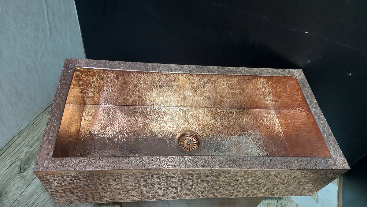 Handmade Copper Apron Front Kitchen Sink - Etched Farmhouse Sink