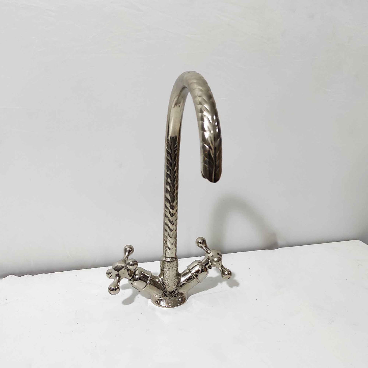 Nickel Goosneck Faucet With Engraved, Polished Nickel Faucet, Double Handle Faucet Single Hole, Bathroom & Kitchen Fauce