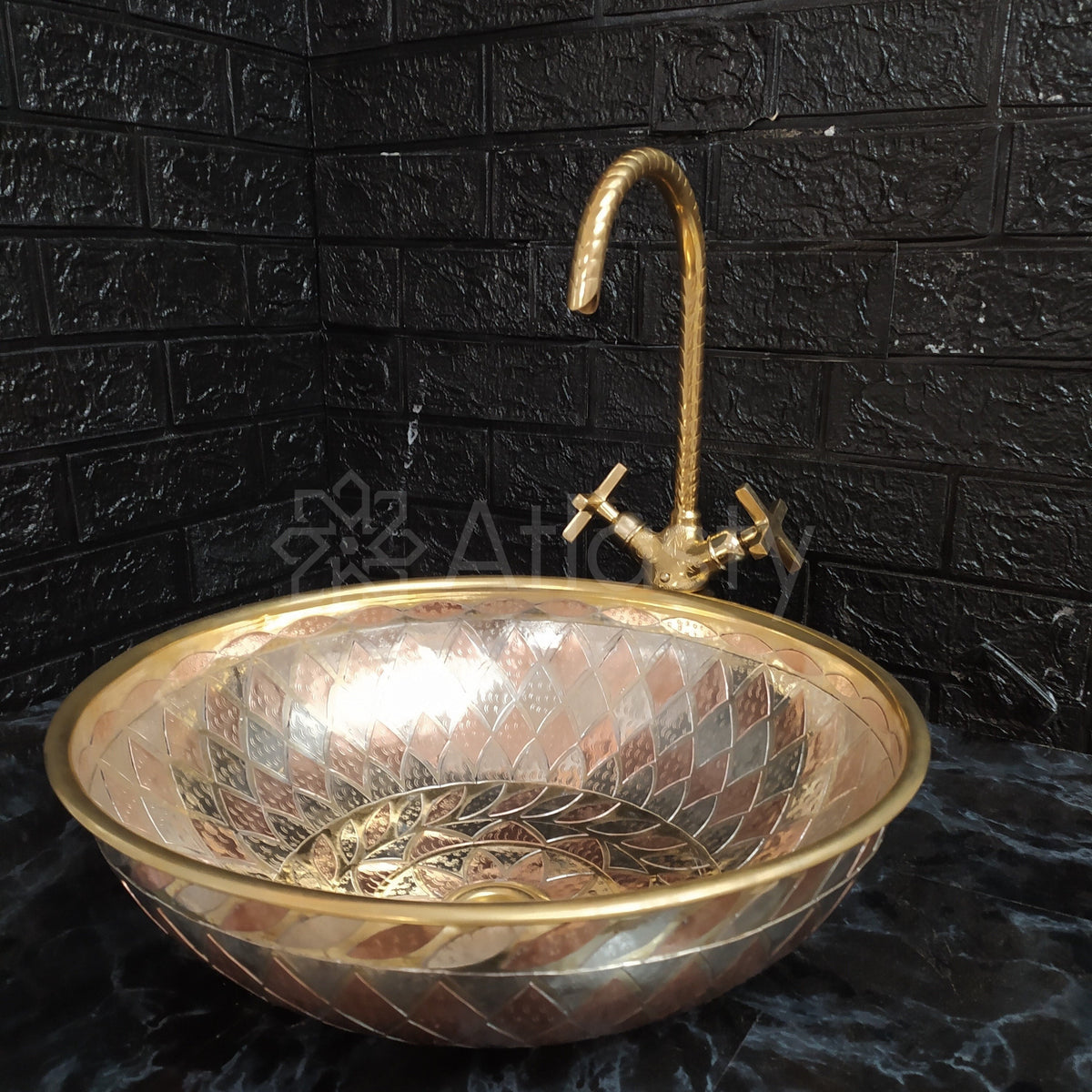 Engraved Round Brass Vessel Sink