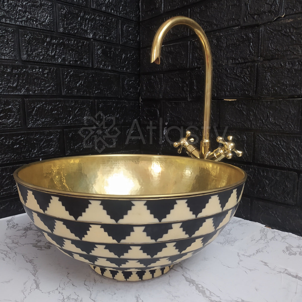Brass Vessel Sink – Black and White Resin Vanity Bowl