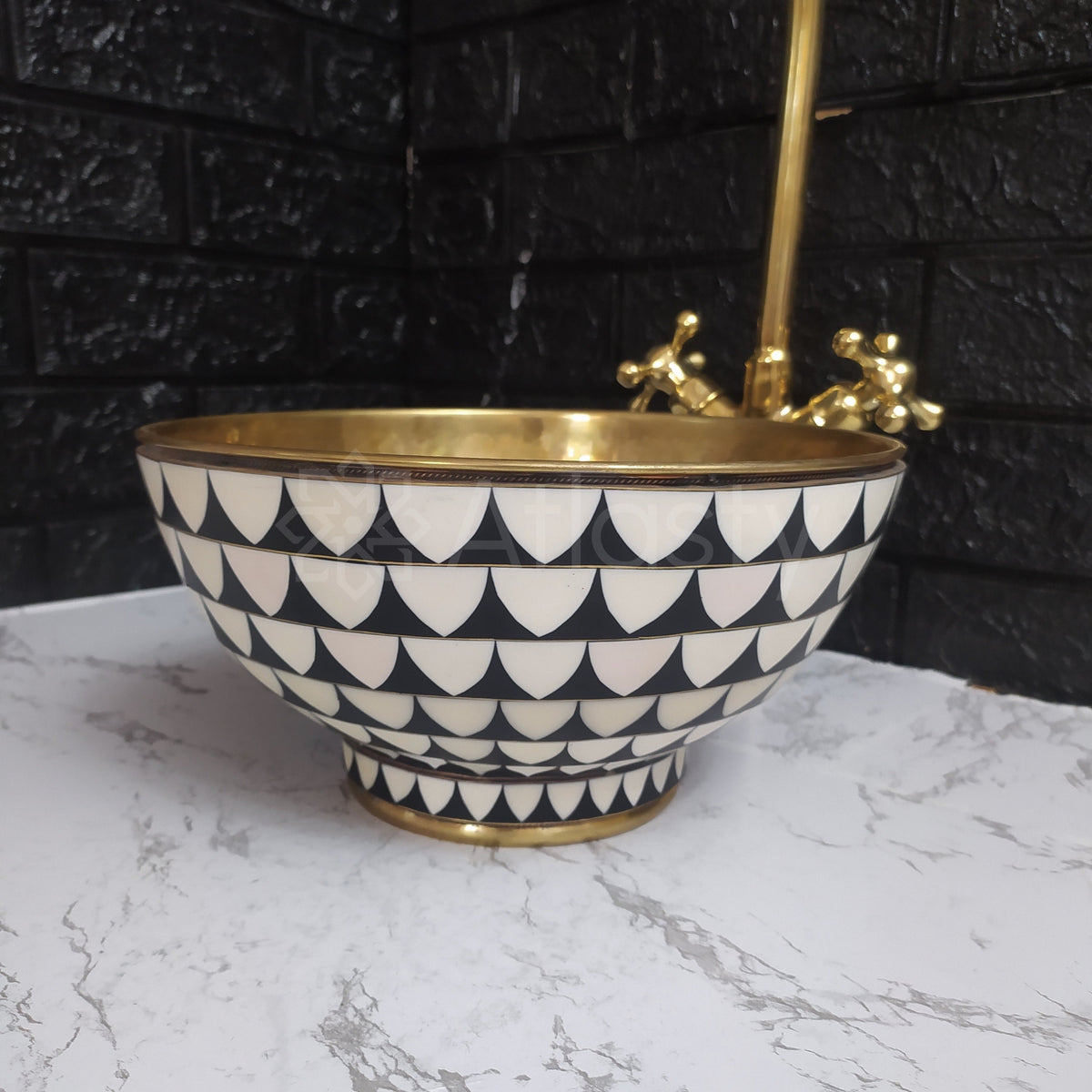 Brass & Resin Vessel Sink – Black and White Pattern