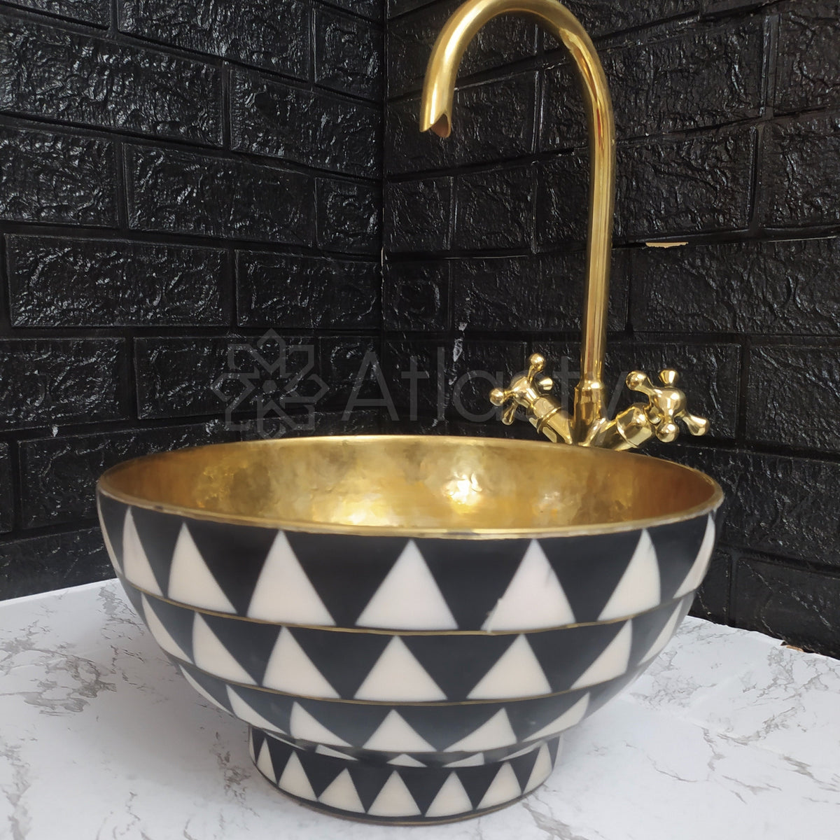 Brass & Resin Vessel Sink – Black and White Pattern