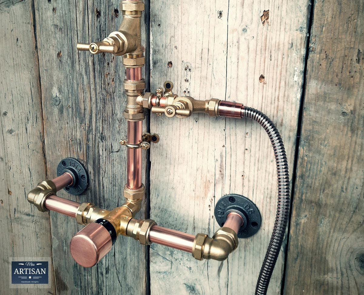 Thermostatic Copper Rainfall Shower With Hand Sprayer - Exposed Copper Pipe - Any Size Made - Outdoor / Indoor Use