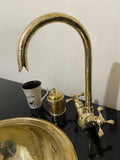 ENGRAVED Gooseneck Bathroom Vanity Solid Brass Faucet, Unlacquered Brass with Simple Cross Handles