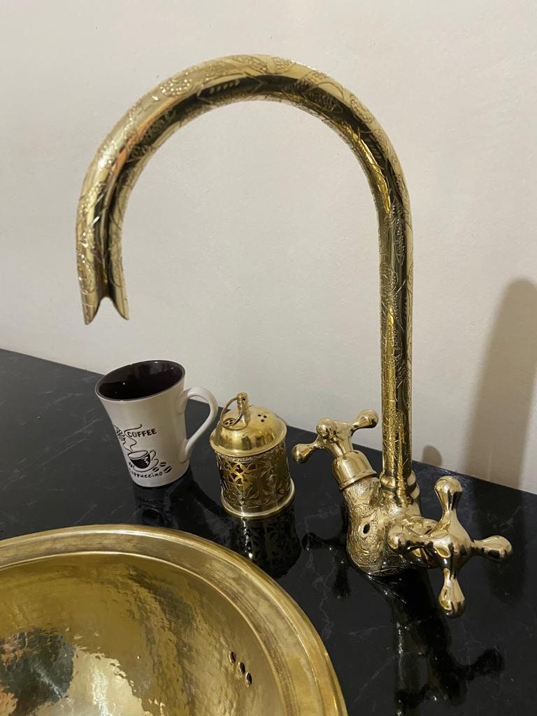 ENGRAVED Gooseneck Bathroom Vanity Solid Brass Faucet, Unlacquered Brass with Simple Cross Handles