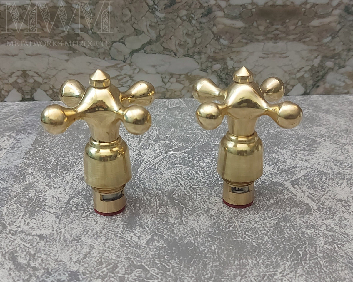 Pair Of Unlacquered Brass Cross Faucet Handle Knobs - Faucet Valve Quarter Turn