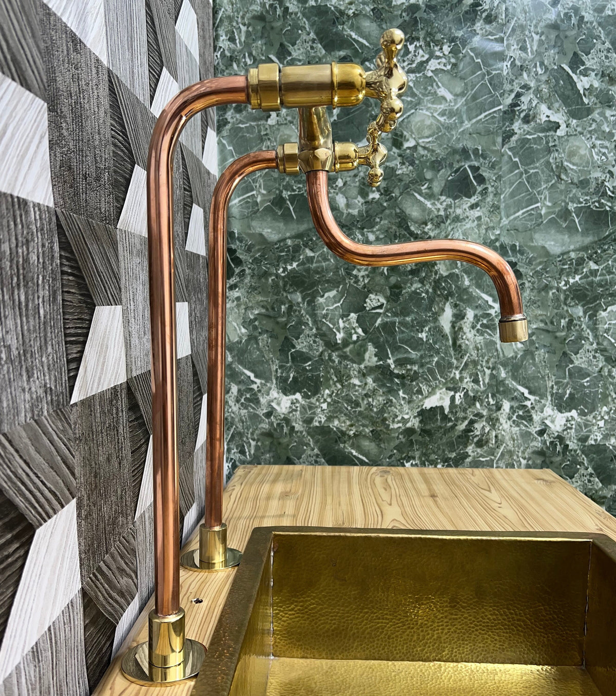 Unlacquered Brass and Solid Copper Antique Kitchen Faucet With long legs and Simple Cross Handles