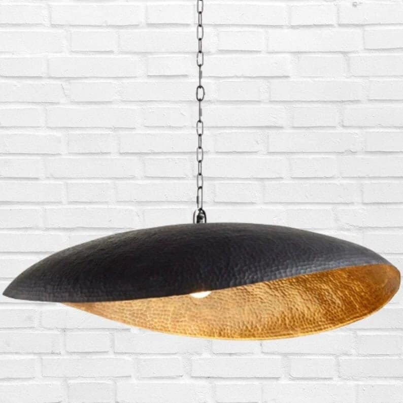 Black Brass Pendant Light – Handmade Hammered Ceiling Fixture – Leaf Dome Hanging Lamp for Kitchen Island, Dining Room o