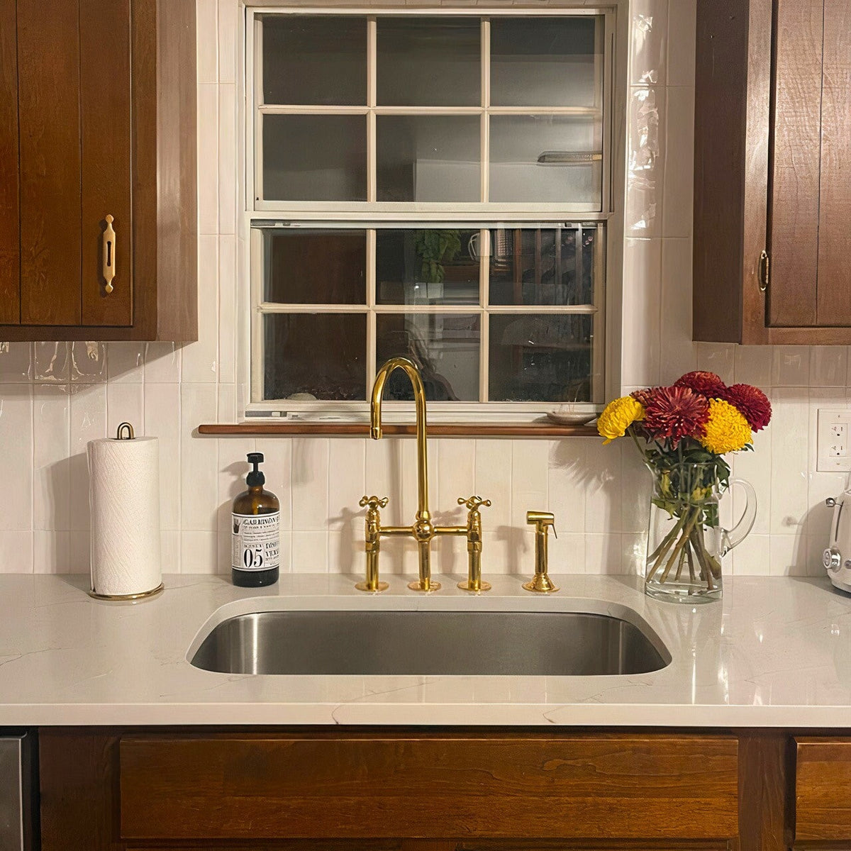 Unlacquered Brass Bridge Kitchen Faucet With Sprayer and Cold Water