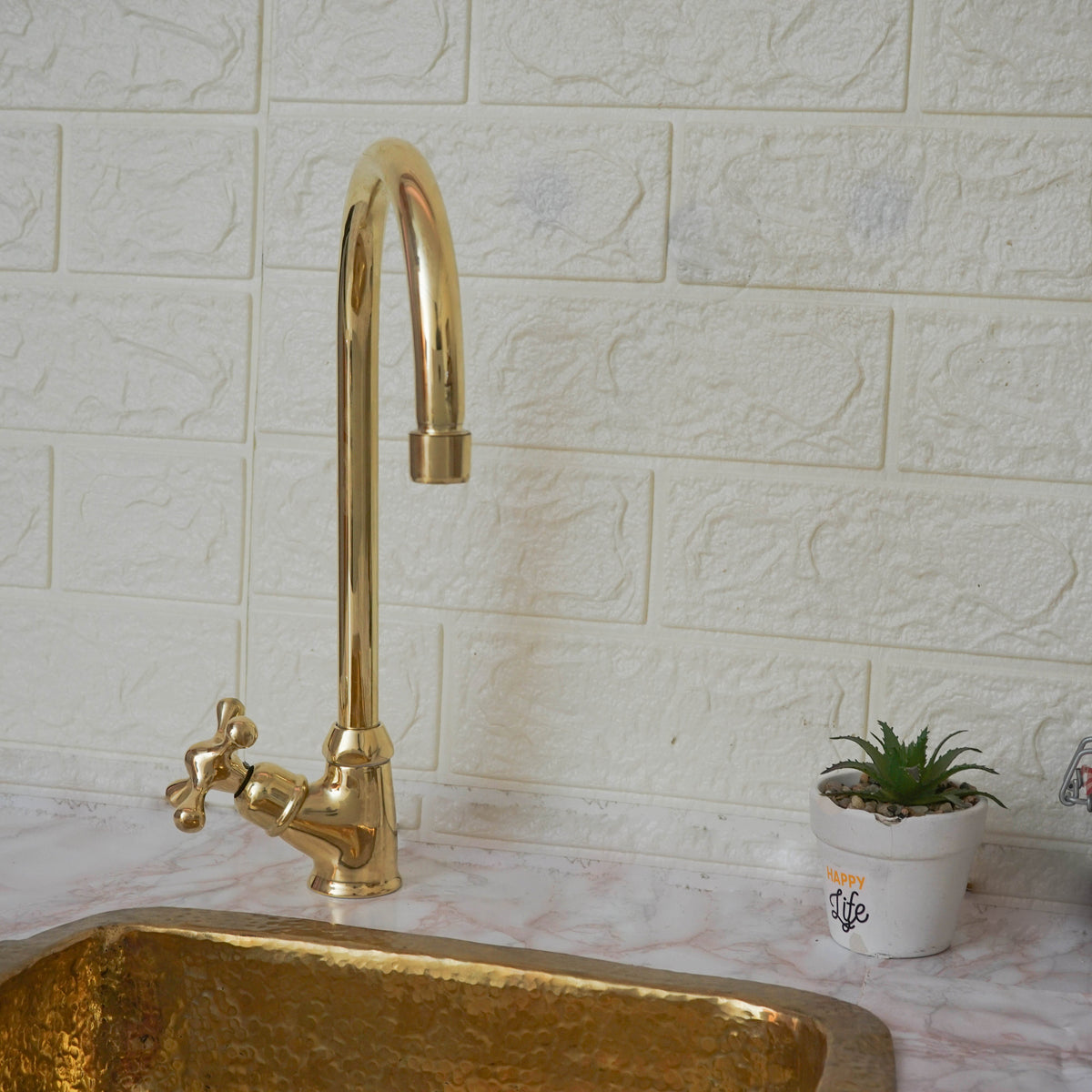 Unlacquered Brass Bar Kitchen Faucet, Cold Water Single Hole, Traditional Cross Handles