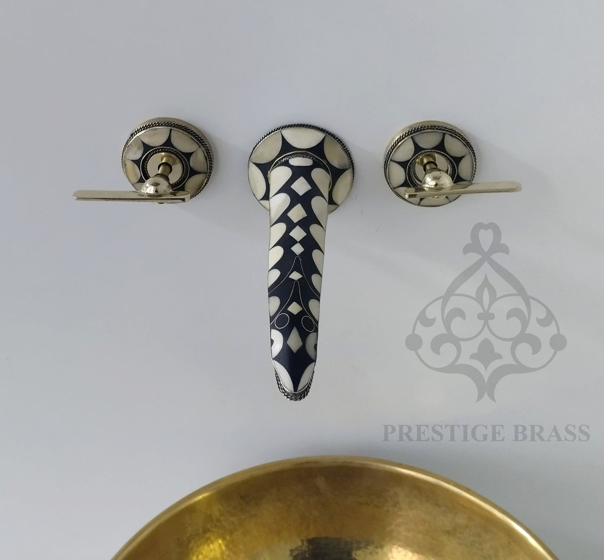 Unlacquered Brass Wall Mount Bathroom Faucet with Resin and Bone Accents