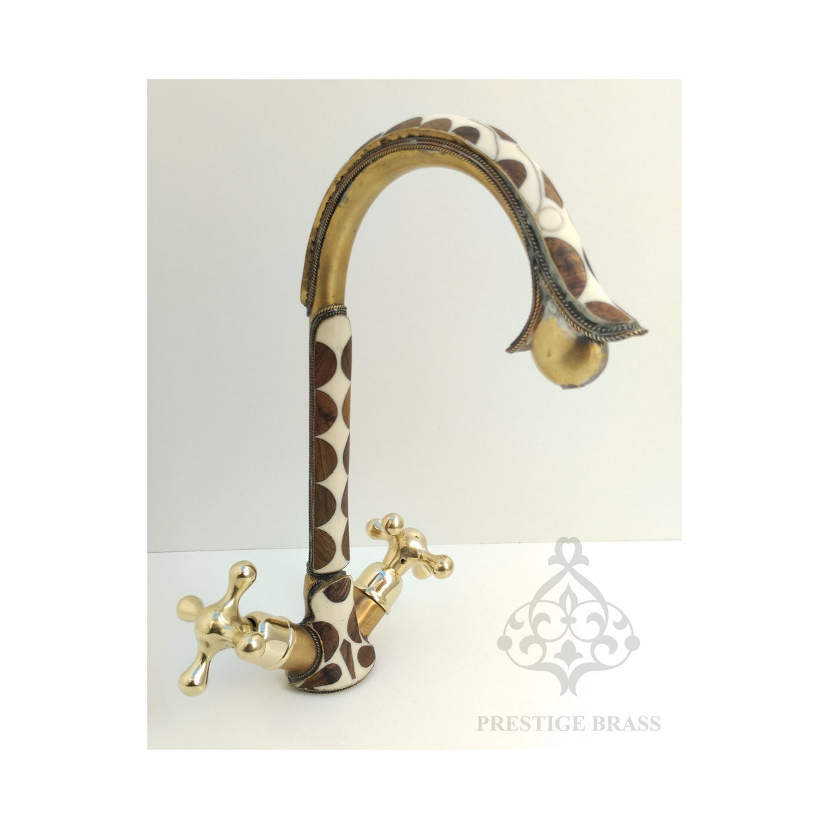 Unlacquered Brass Bathroom Faucet adorned with resin and Wood accents